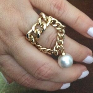Silver Chain Bracelet Ring with Pearl Charm
